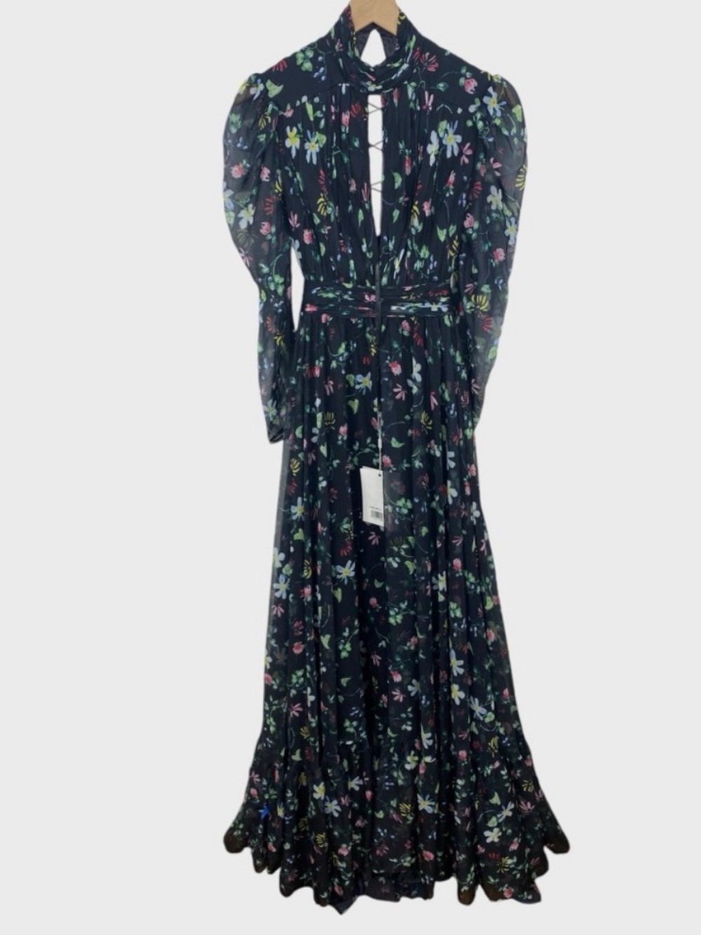 Mac Duggal Black Multicolor Floral High Neck Puff Sleeve Lace Up Back Gown - Picture 5 of 10